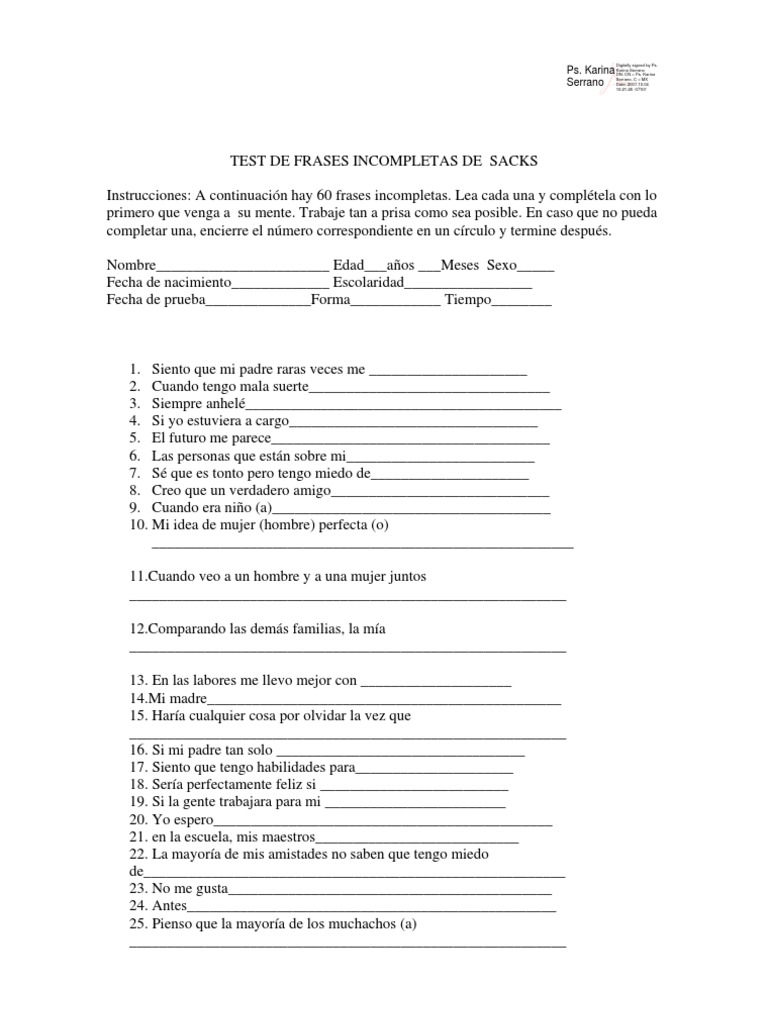 Test de Frases Incompletas de Sacks | PDF