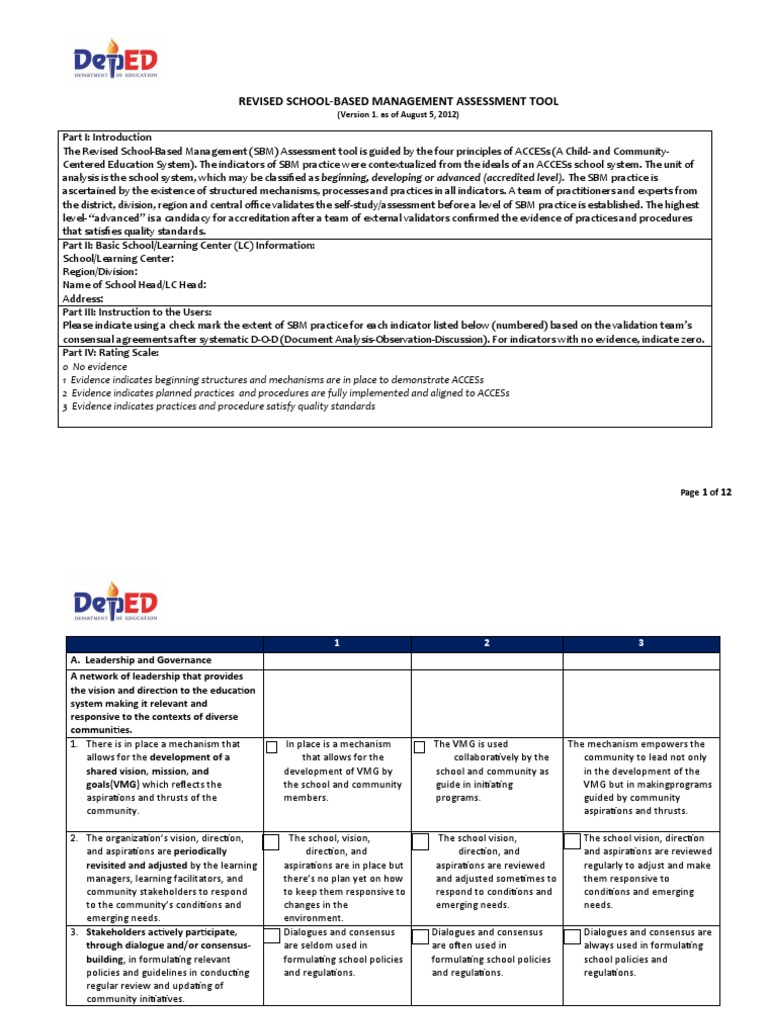Revised SBM Assessment Tool PDF Learning Leadership