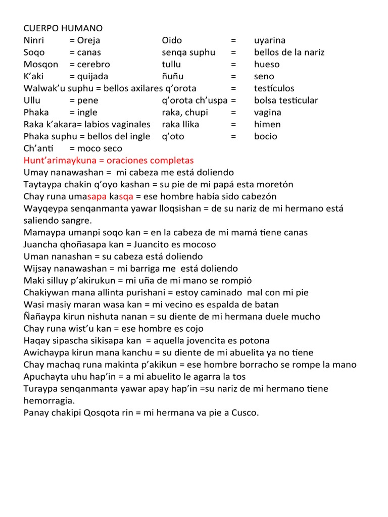 Cuerpo Humano en Quechua | PDF
