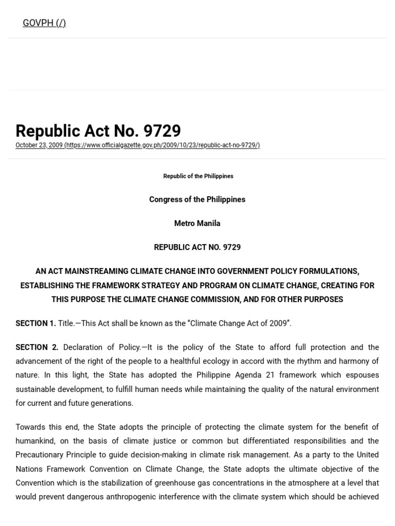 Climate Change Act of 2009 (RA 9729) | PDF | Greenhouse Gas | Climate ...