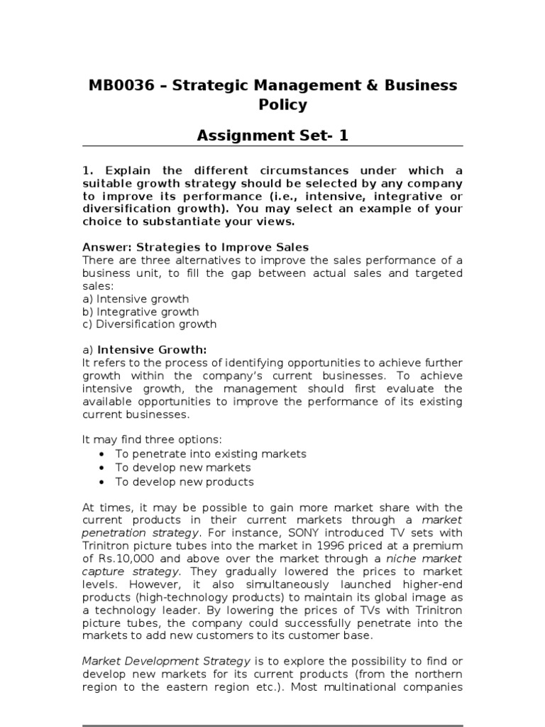 MB0036 - Strategic Management & Business Policy Assignment Set-1 | PDF