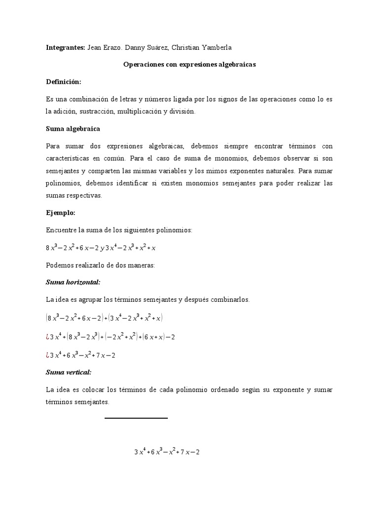 Operaciones con Expresiones Algebraicas | PDF | División (Matemáticas ...
