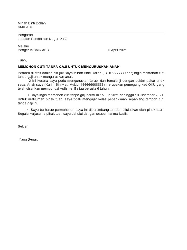 Contoh Surat Permohonan Cuti Tanpa Gaji  PDF