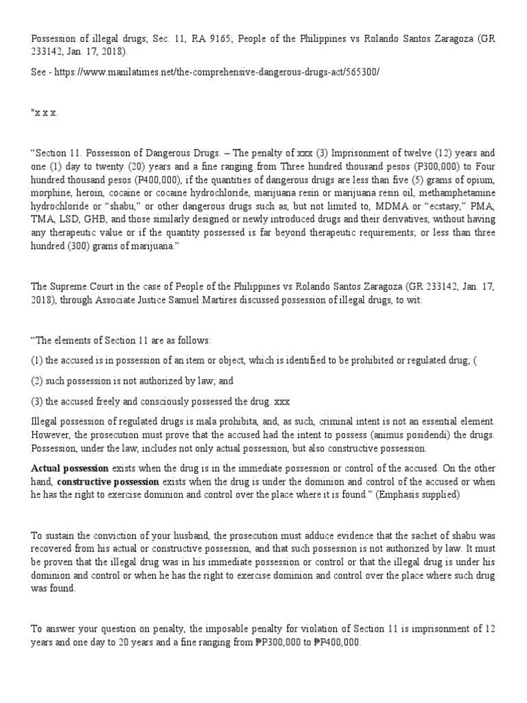 Possession of Illegal Drugs ZARAGOSA Case PDF Prohibition Of