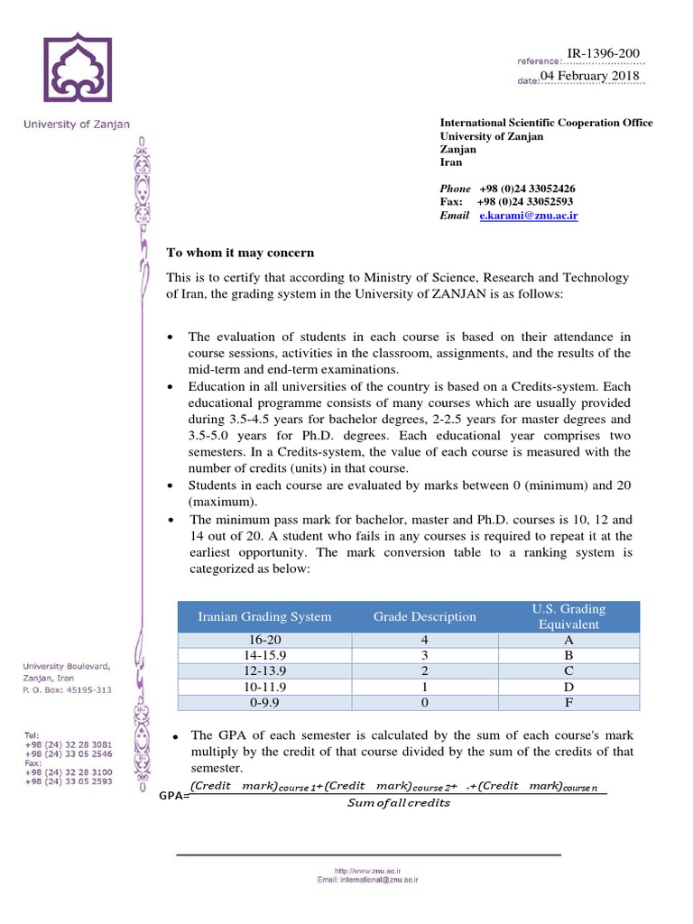 To Whom It May Concern: Iranian Grading System Grade Description U.S ...