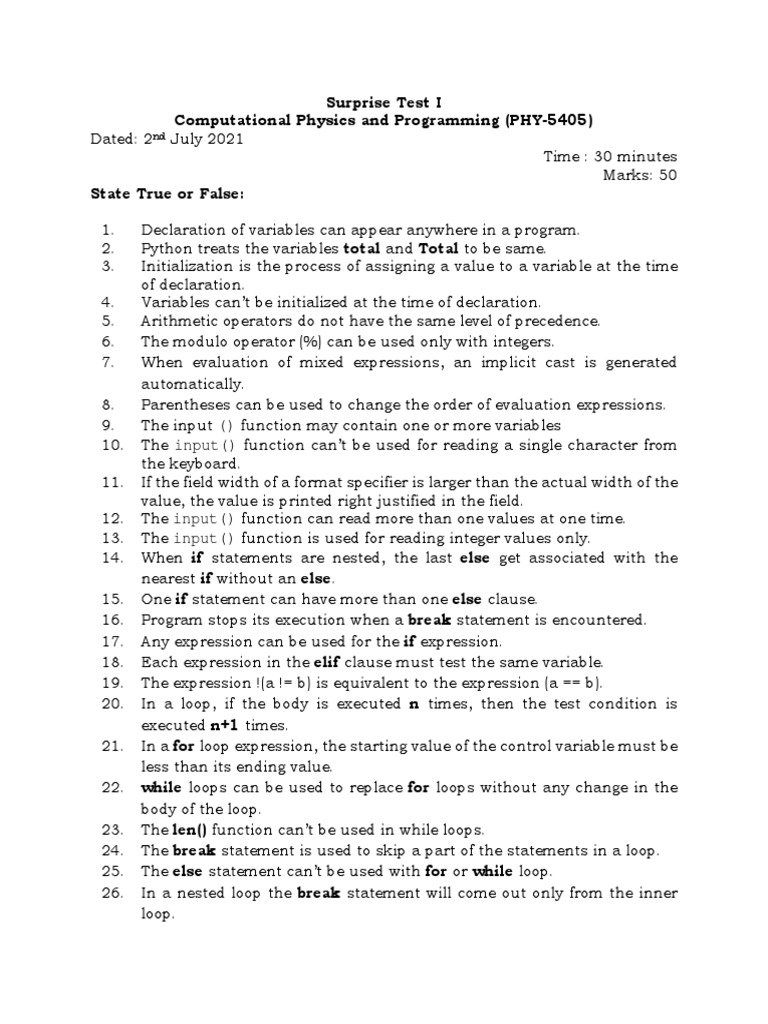 Surprise Test I Computational Physics and Programming (PHY-5405) | PDF ...