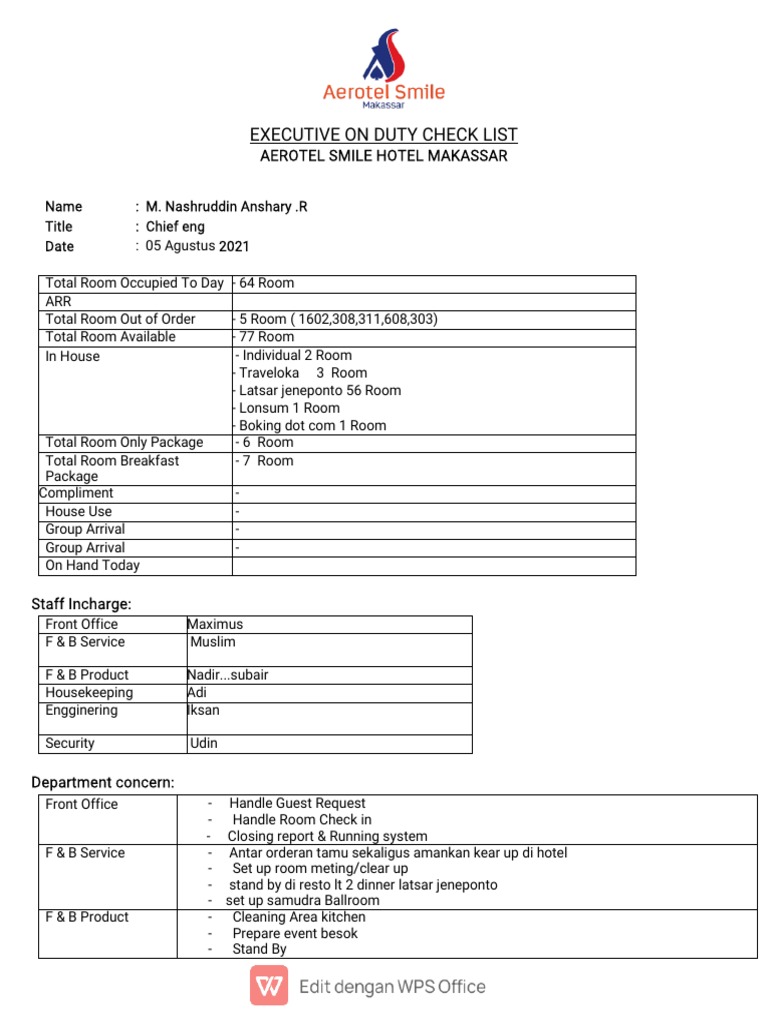 Aerotel Smile Hotel Duty Checklist | PDF