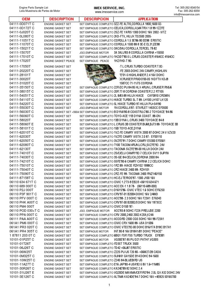 Engine Overhaul Parts Summary | PDF | Internal Combustion Engine | Car
