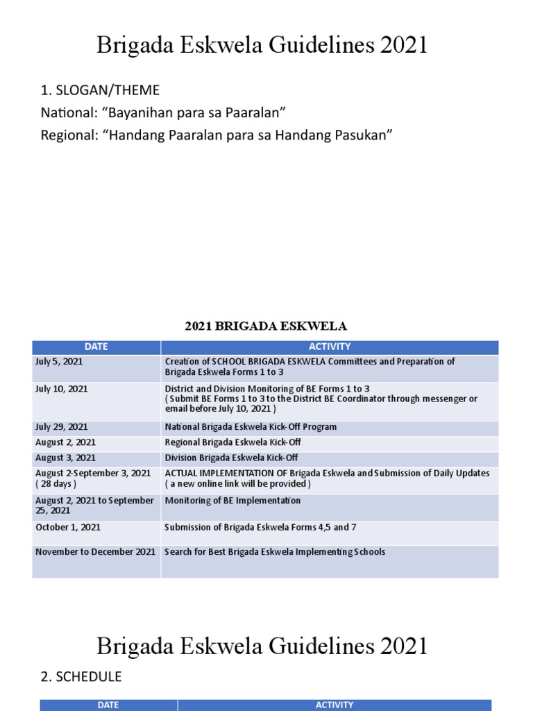 Brigada Eskwela 2021 Guidelines and Schedule | PDF | Volunteering ...