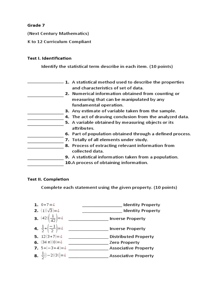 Identification and completion type of test pdf statistics data