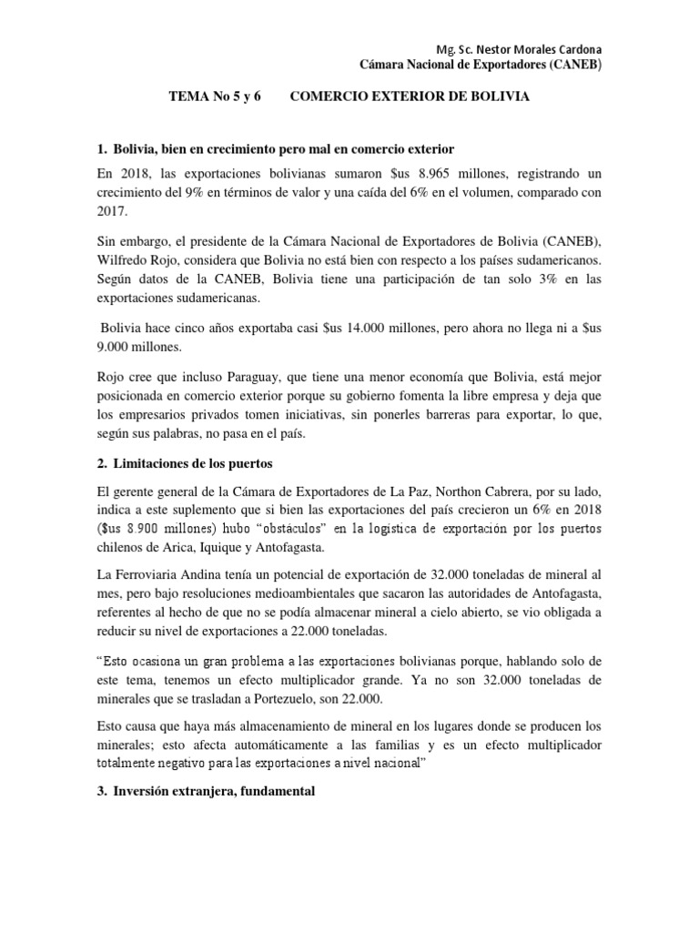 Tema 5 y 6 Comercio Exterior de Bolivia PDF Bolivia Exportaciones