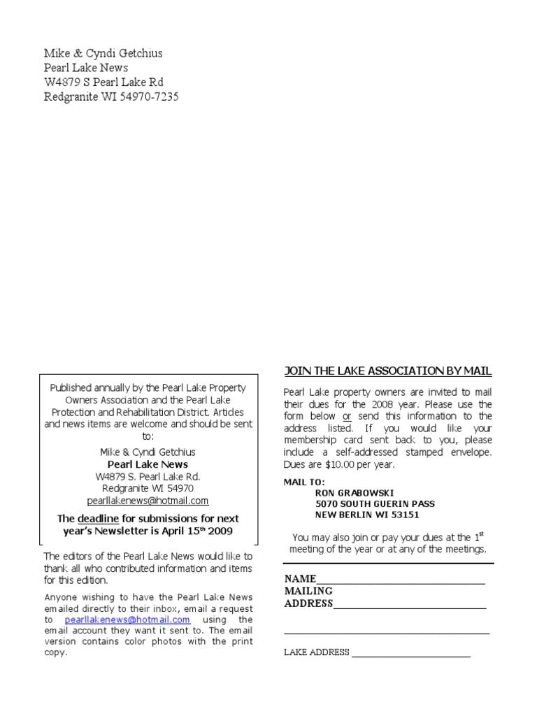 Mike & Cyndi Getchius Pearl Lake News W4879 S Pearl Lake RD Redgranite