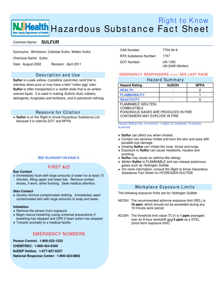 Hazardous Substance Fact Sheet Right To Know PDF Sulfur Personal Protective Equipment