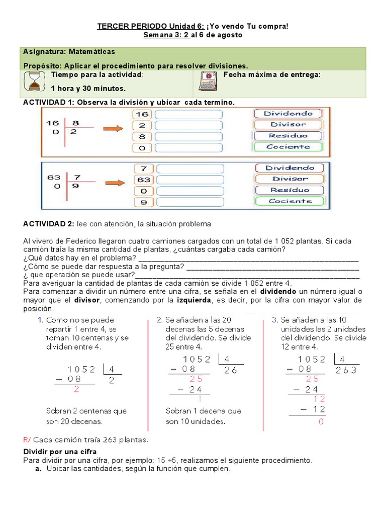 TERCER PERIODO Unidad 6 Matemáticas | PDF | División (Matemáticas ...