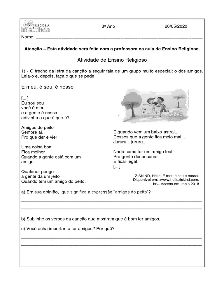 Atividade de Ensino Religioso 3º Ano 26 05 | PDF