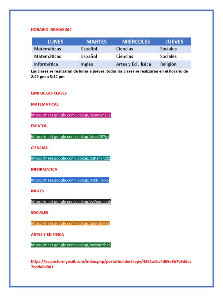 Horario Grado 304 | PDF | Ciencias sociales | Estudios de idiomas ...