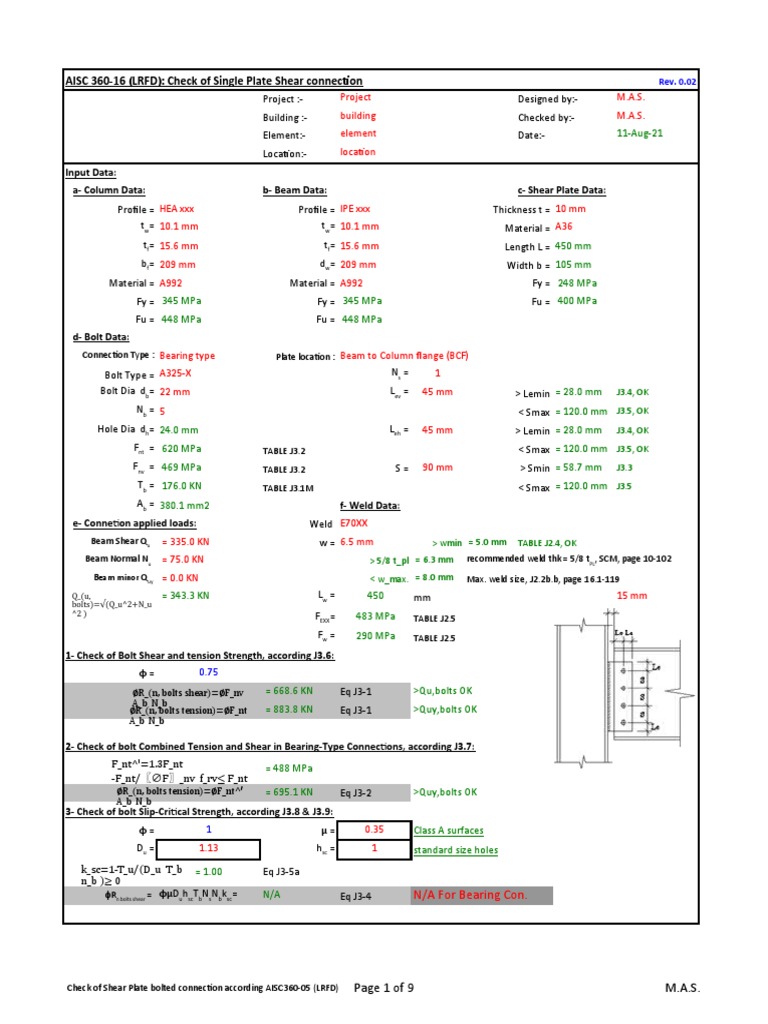 AISC 360-16: Single Plate Shear Check | PDF | Screw | Bending