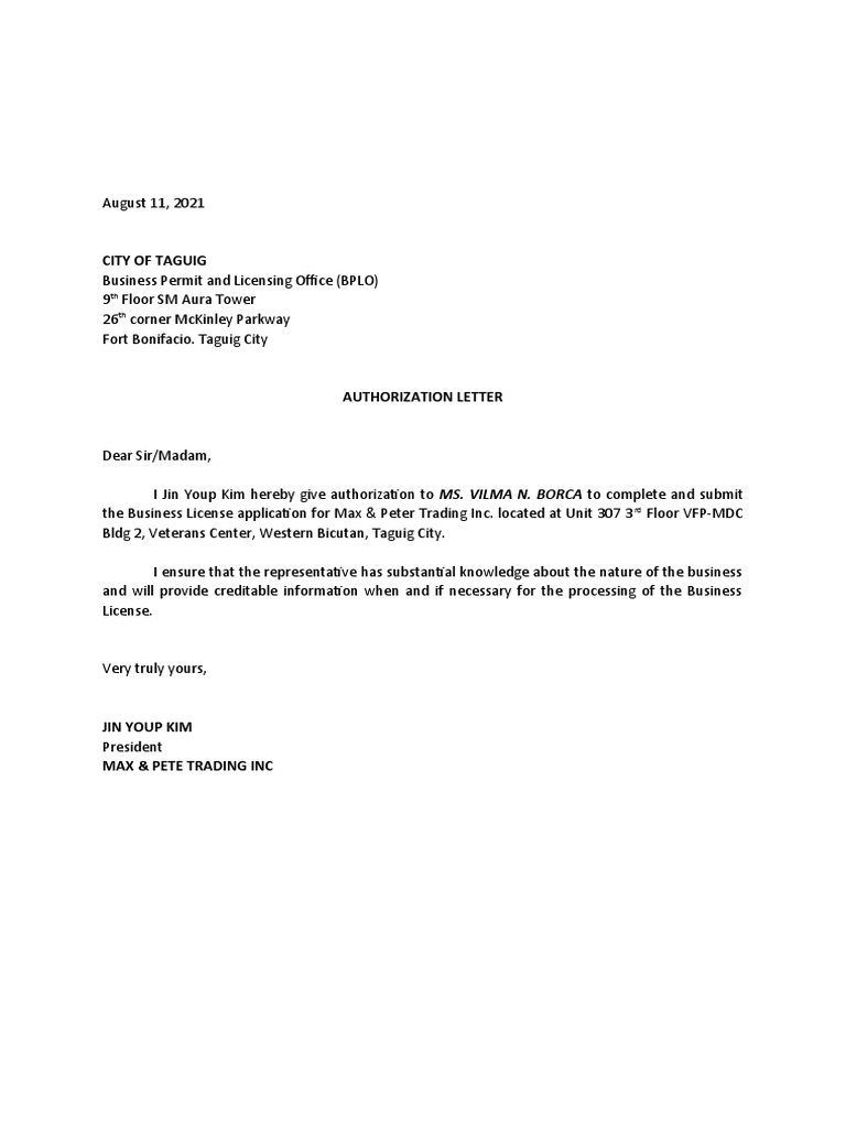 Authorization Letter for Business Permit | PDF