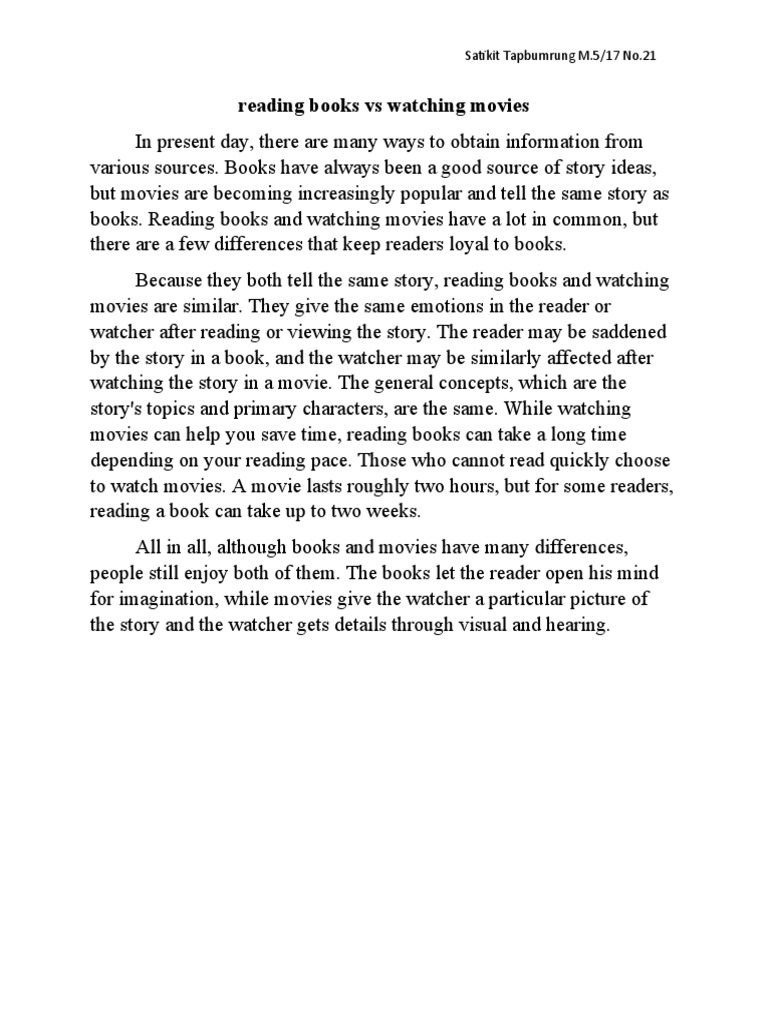 Reading Books Vs Watching Movies PDF