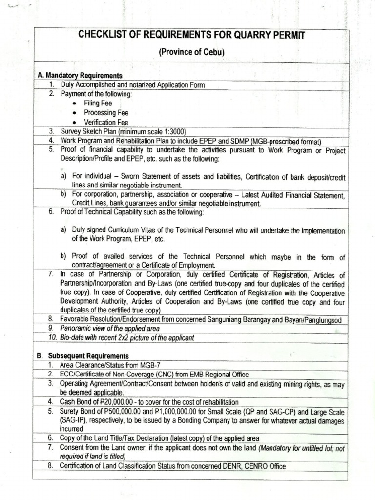 Checklist Requirements For Quarry Permit Cebu Province p.1 PDF