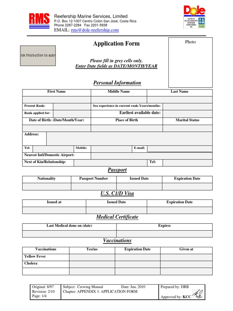 Dole RMS Floating Staff Application Form Rev Jun10 PDF Water