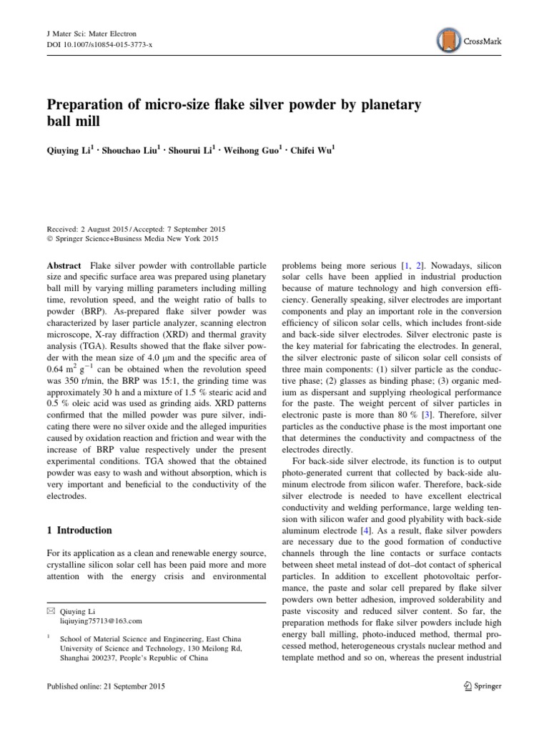 Flake Silver Powder Preparation by Milling | PDF | Mill (Grinding) | Silver
