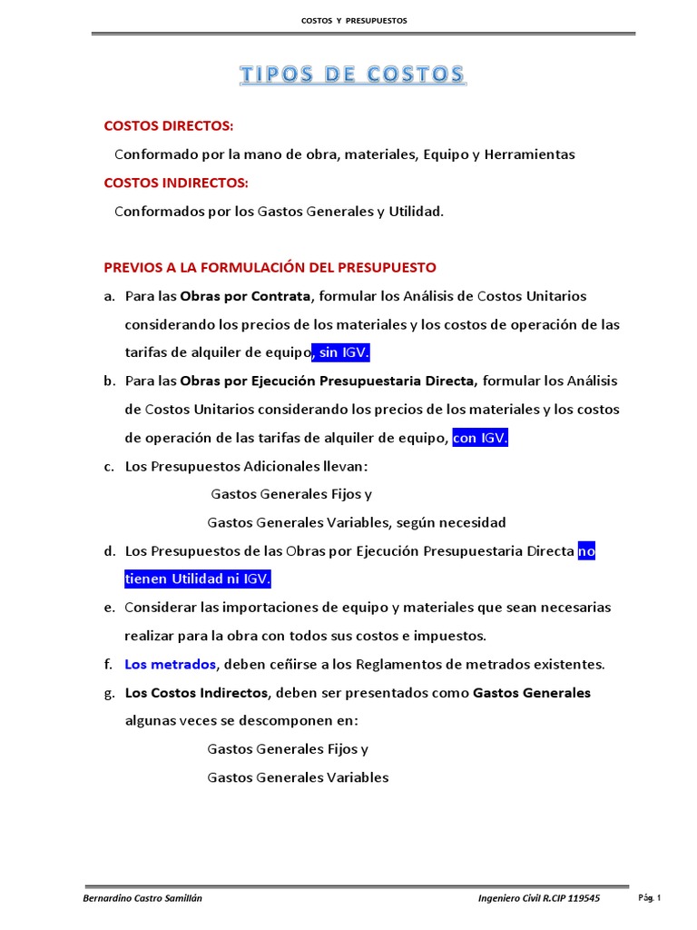 Costos y Presupuestos de Obras | PDF | Presupuesto | Economias