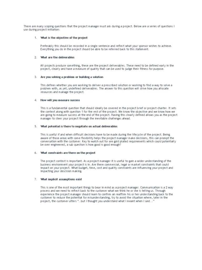 7 Scope Questionsat Project Initiation PDF Question Cognition