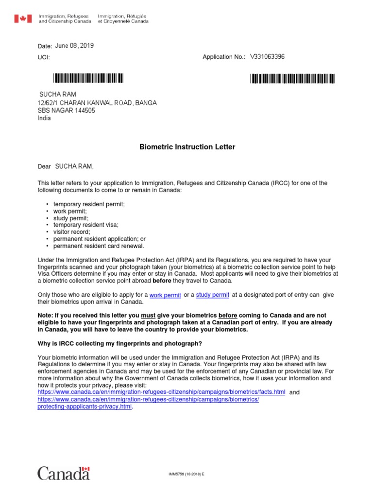 Biometric Instruction Letter: Study Permit Work Permit | PDF 