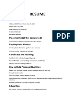 Resume: Placement: (120 Hrs Completed) Employment History