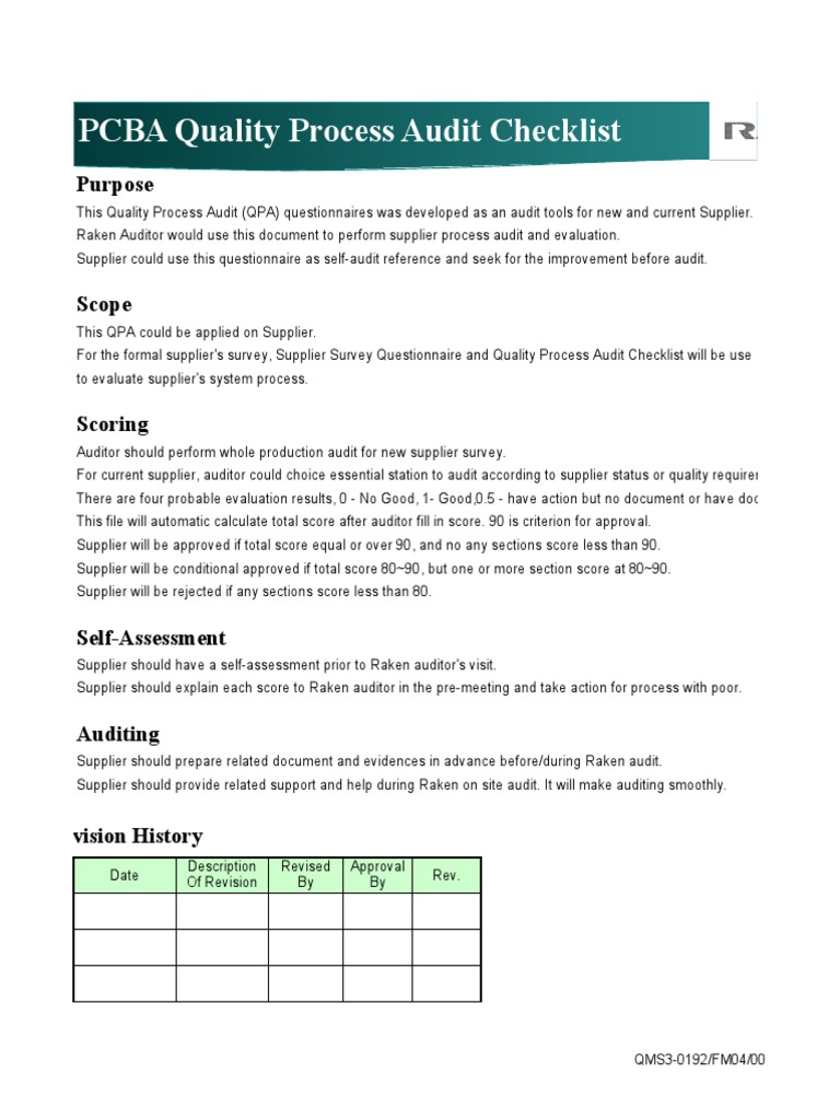 Raken QPA Checklist For PCBA | PDF | Audit | Business Process Management