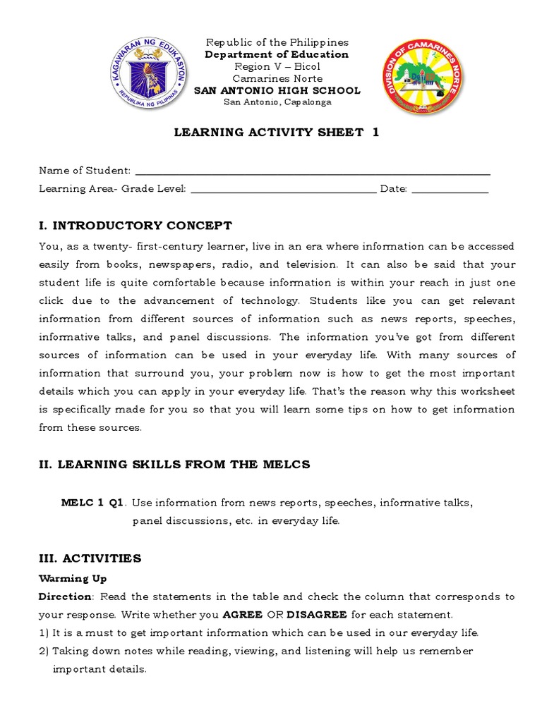 Learning Activity Sheet 1: Department of Education | PDF | Reading ...