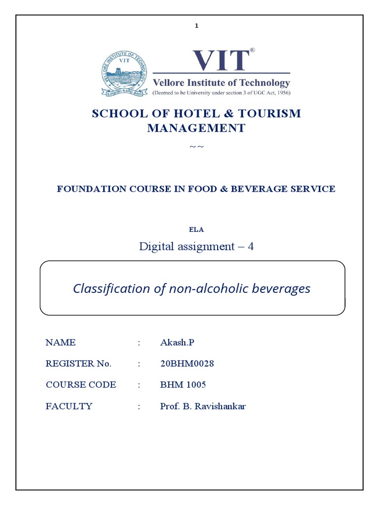School of Hotel & Tourism Management Classification of NonAlcoholic