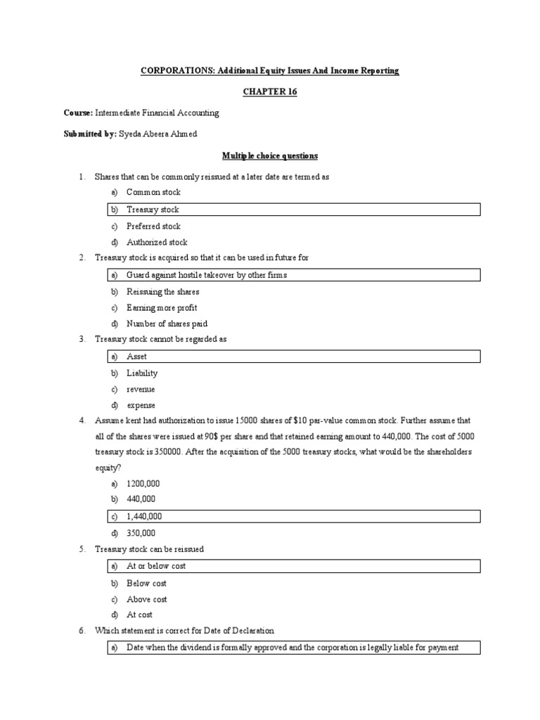 Chapter 16 Mcqs PDF Retained Earnings Treasury Stock