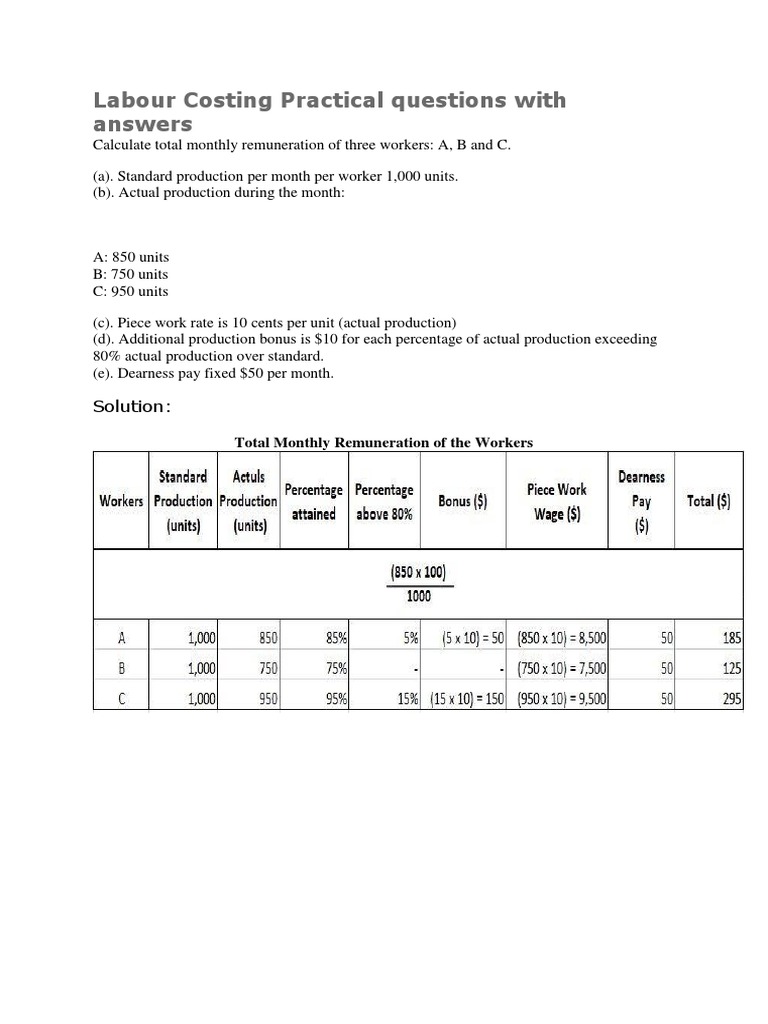 Labour Costing Practical Questions With Answers Solution Pdf Piece