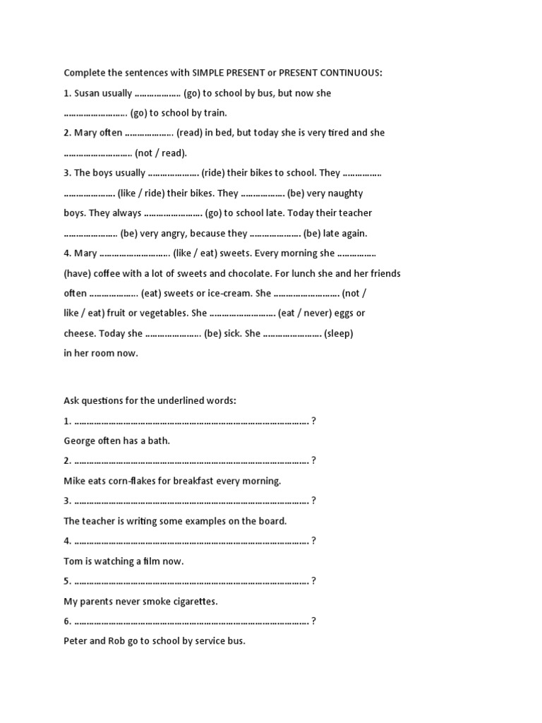 Simple Present vs. Present Continuous Exercises | PDF