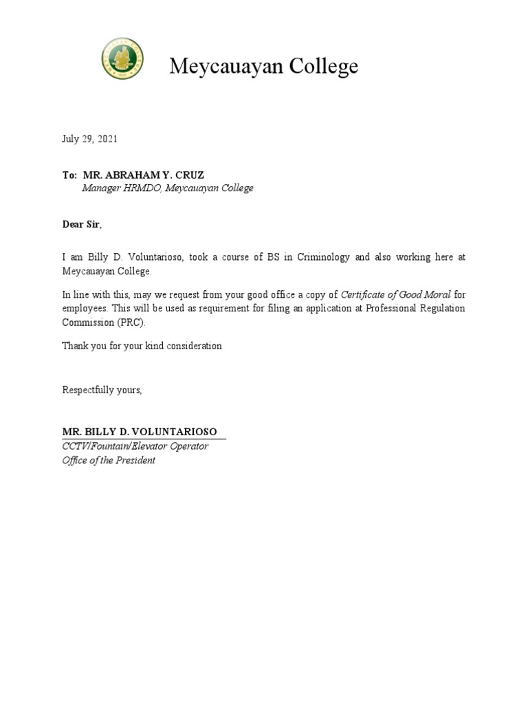 Request Letter For Good Moral PDF