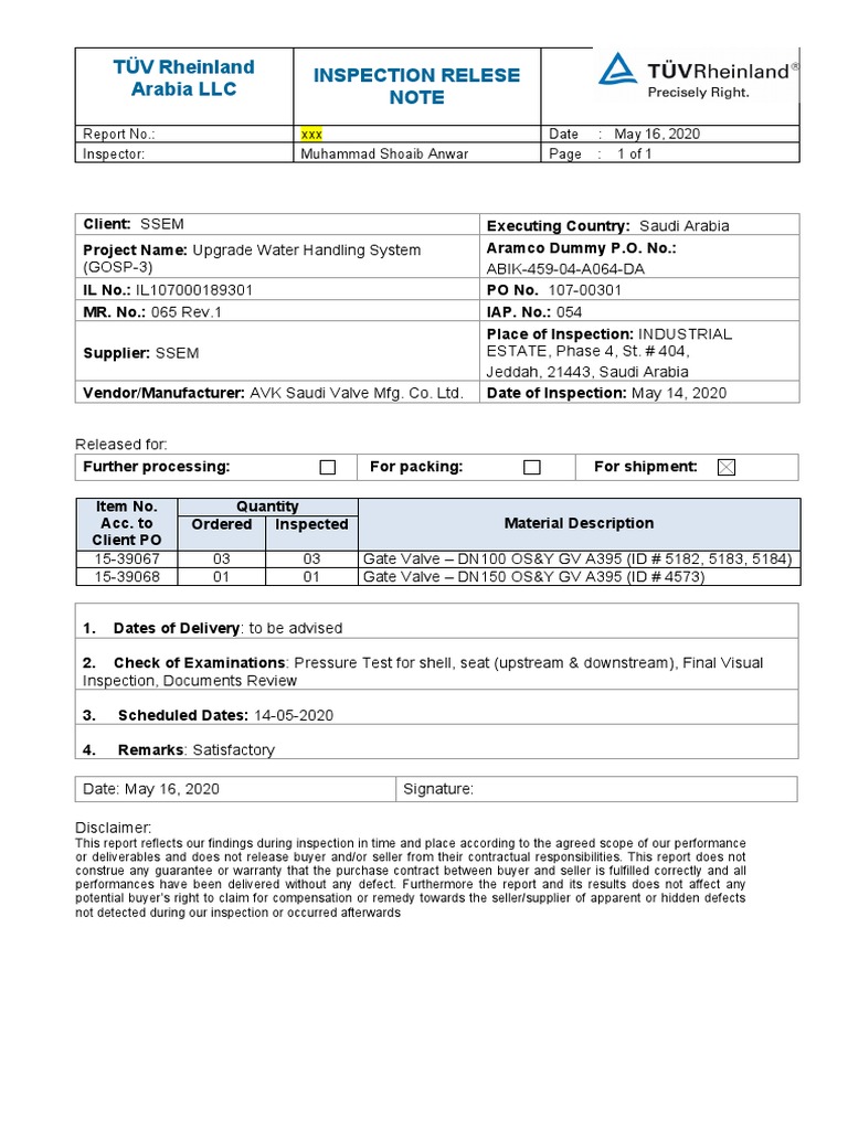 TÜV Rheinland Inspection Release Note | PDF | Business Law | Common Law