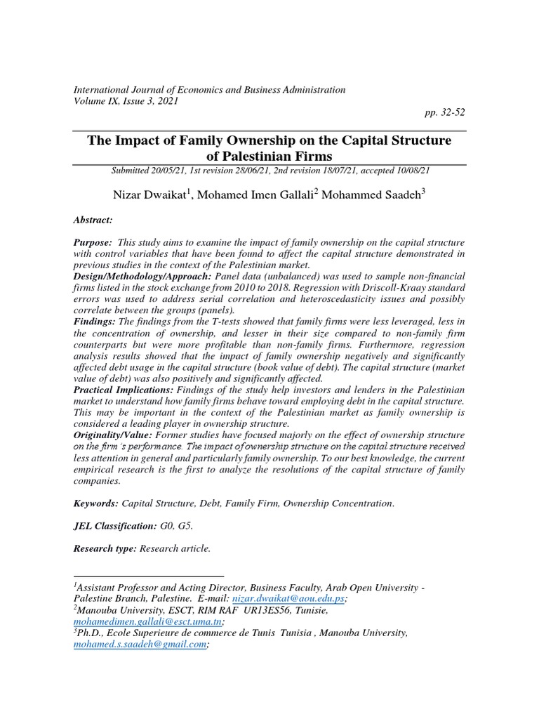 The Impact of Family Ownership On The Capital Structure of Palestinian ...