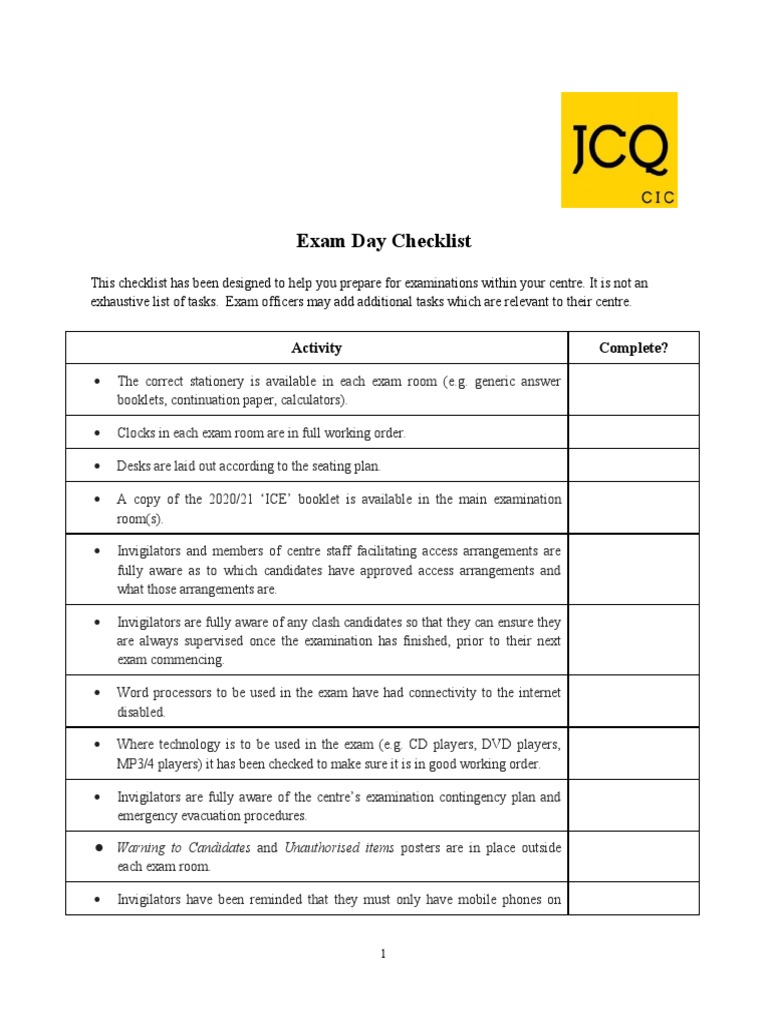 JCQ Exam Day Checklist PDF Test (Assessment) Computing
