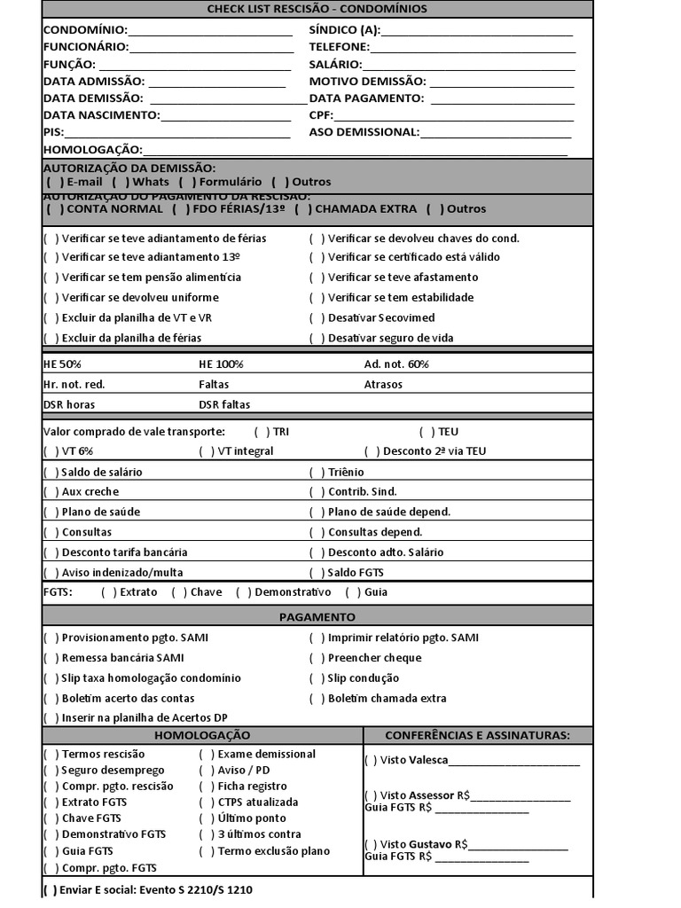 Checklist de Rescisão para Condomínios | PDF | Férias trabalhistas ...