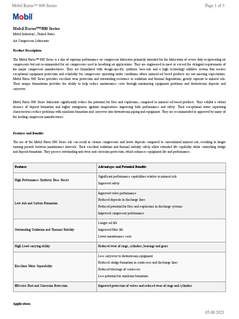Mobil Rarus™ 800 Series: Product Description | PDF | Lubricant | Exxon ...