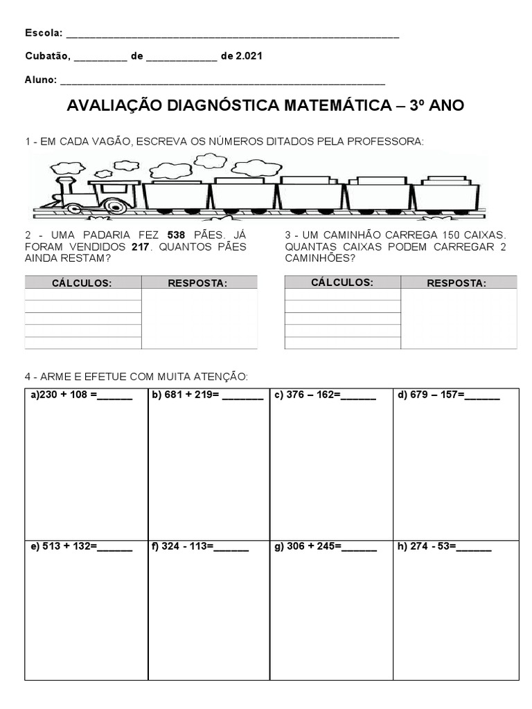 Avaliação Diagnóstica para o 3º Ano de Matemática