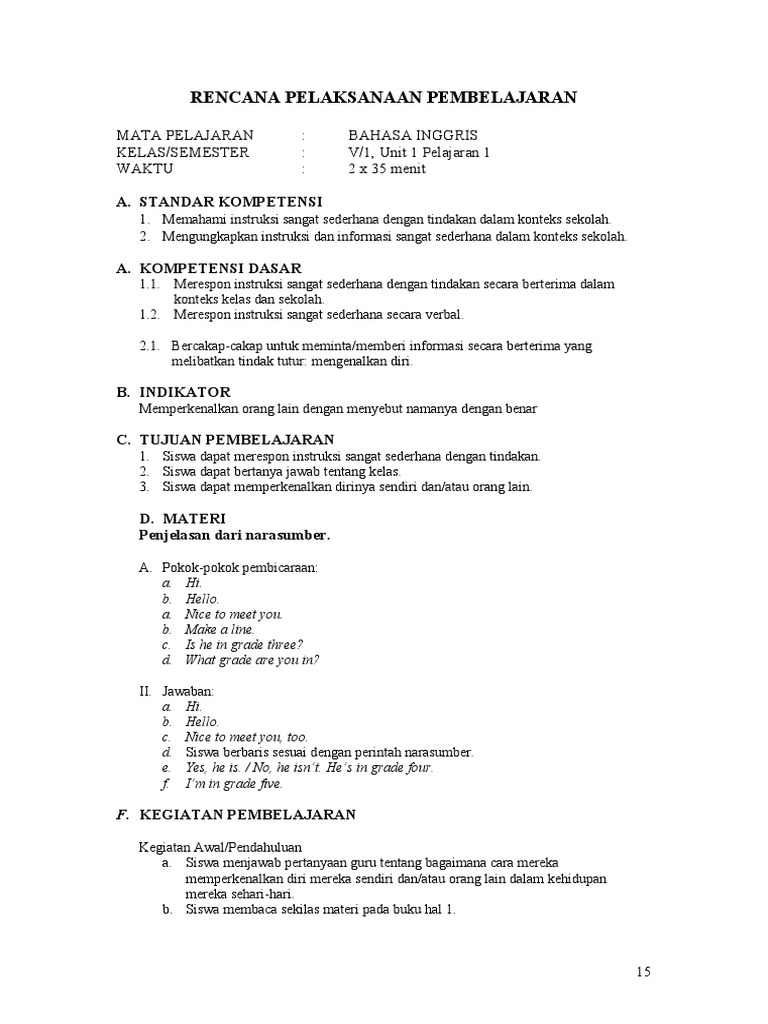 RPP Bahasa Inggris Kelas 5 | PDF | Seni & Disiplin Bahasa | Kajian ...