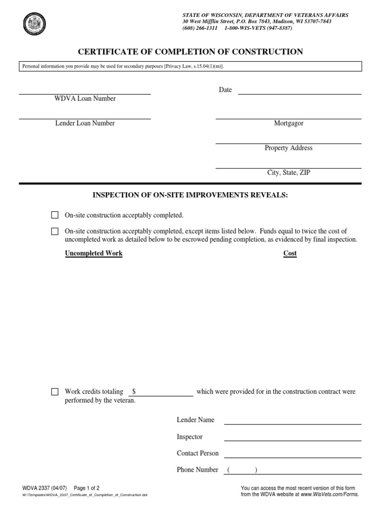 Wisconsin Construction Completion Certificate | PDF | Loans | Mortgage Law