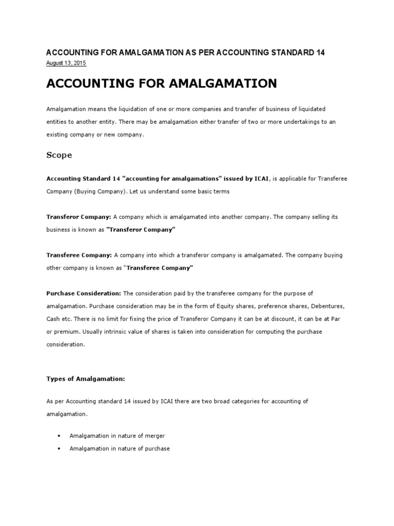 Accounting For Amalgamation As Per Accounting Standard 14 PDF