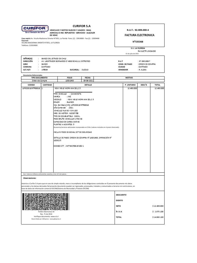 Factura PDF Transporte Vehículo de motor