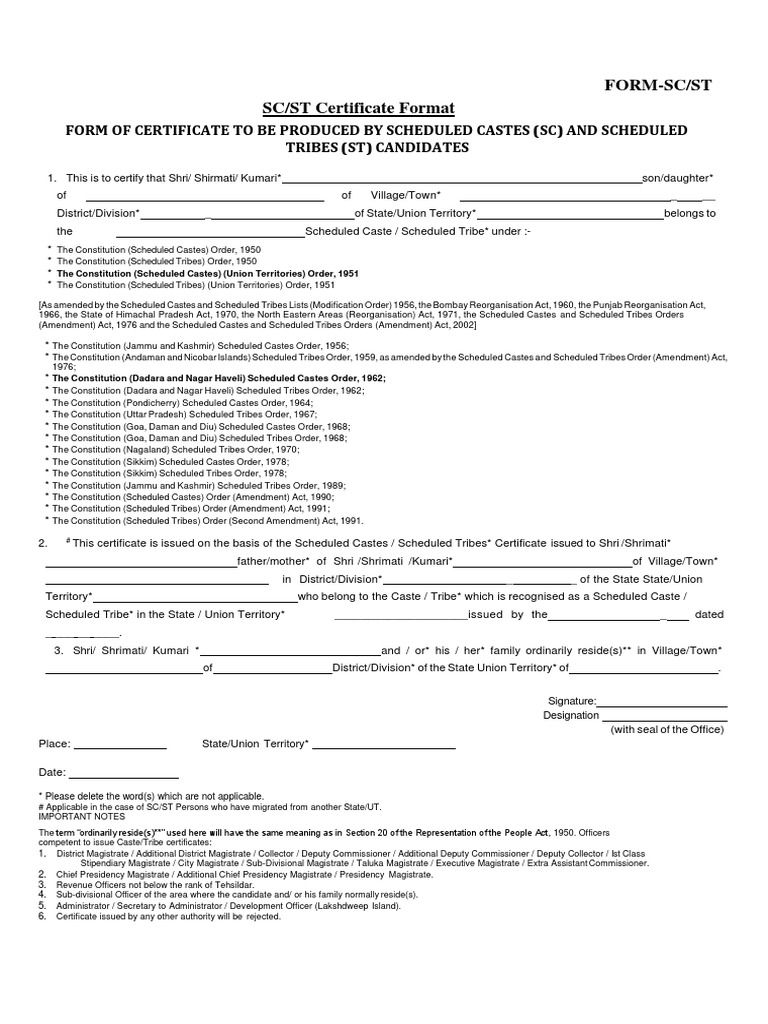 Form sc st sc st certificate format descargar gratis pdf government