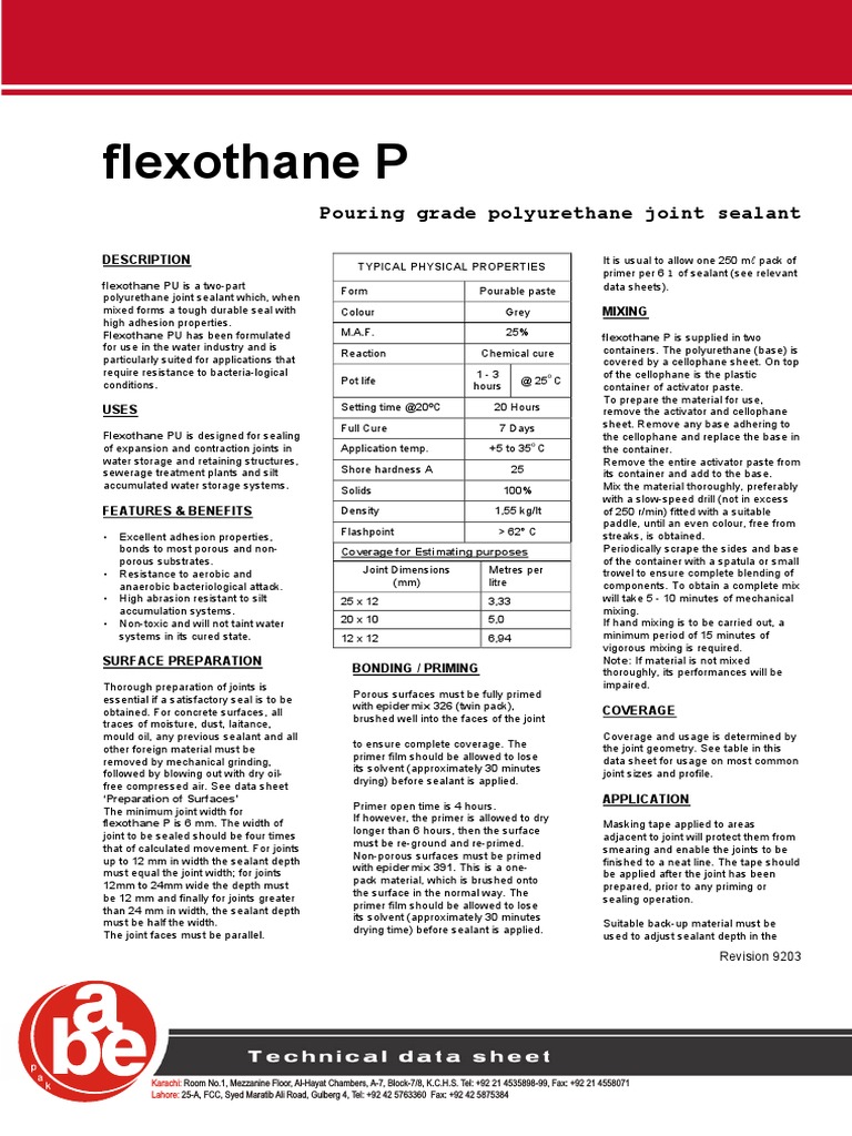 Flexothane P Pouring Grade Polyurethane Joint Sealant PDF Water