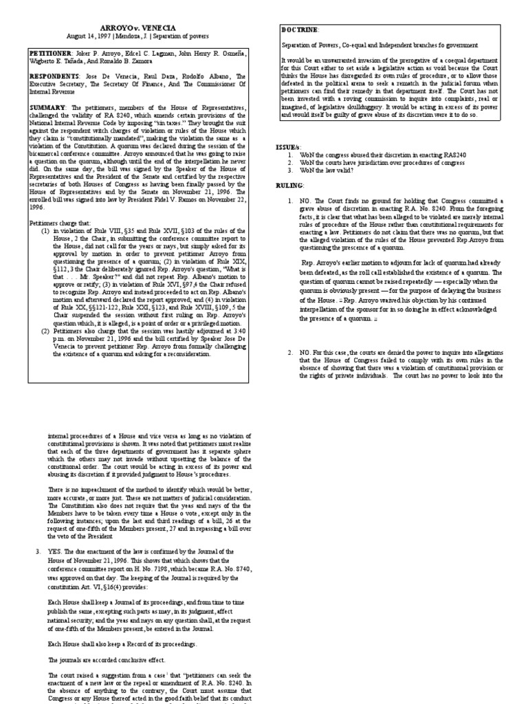 Case digest arroyo vs venecia pdf united states house of